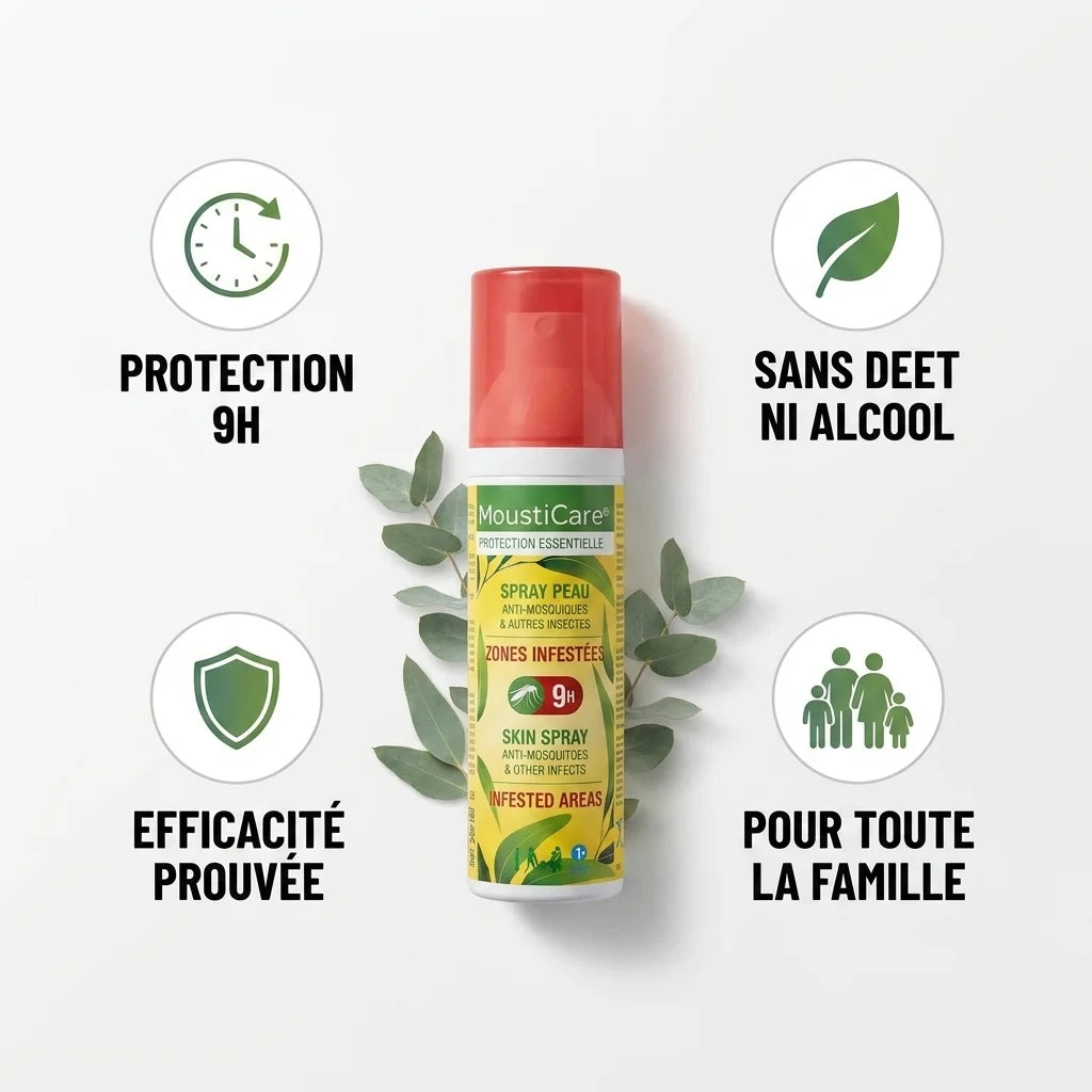 Spray MoustiCare anti-moustiques avec bénéfices: protection 9h, sans DEET, efficacité prouvée, famille