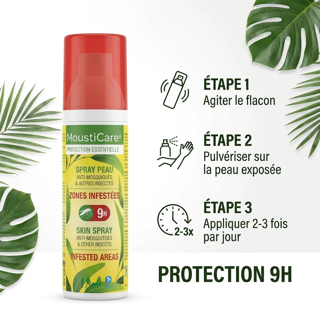 Spray anti-moustiques MoustiCare avec guide d'utilisation en 3 étapes et protection 9h