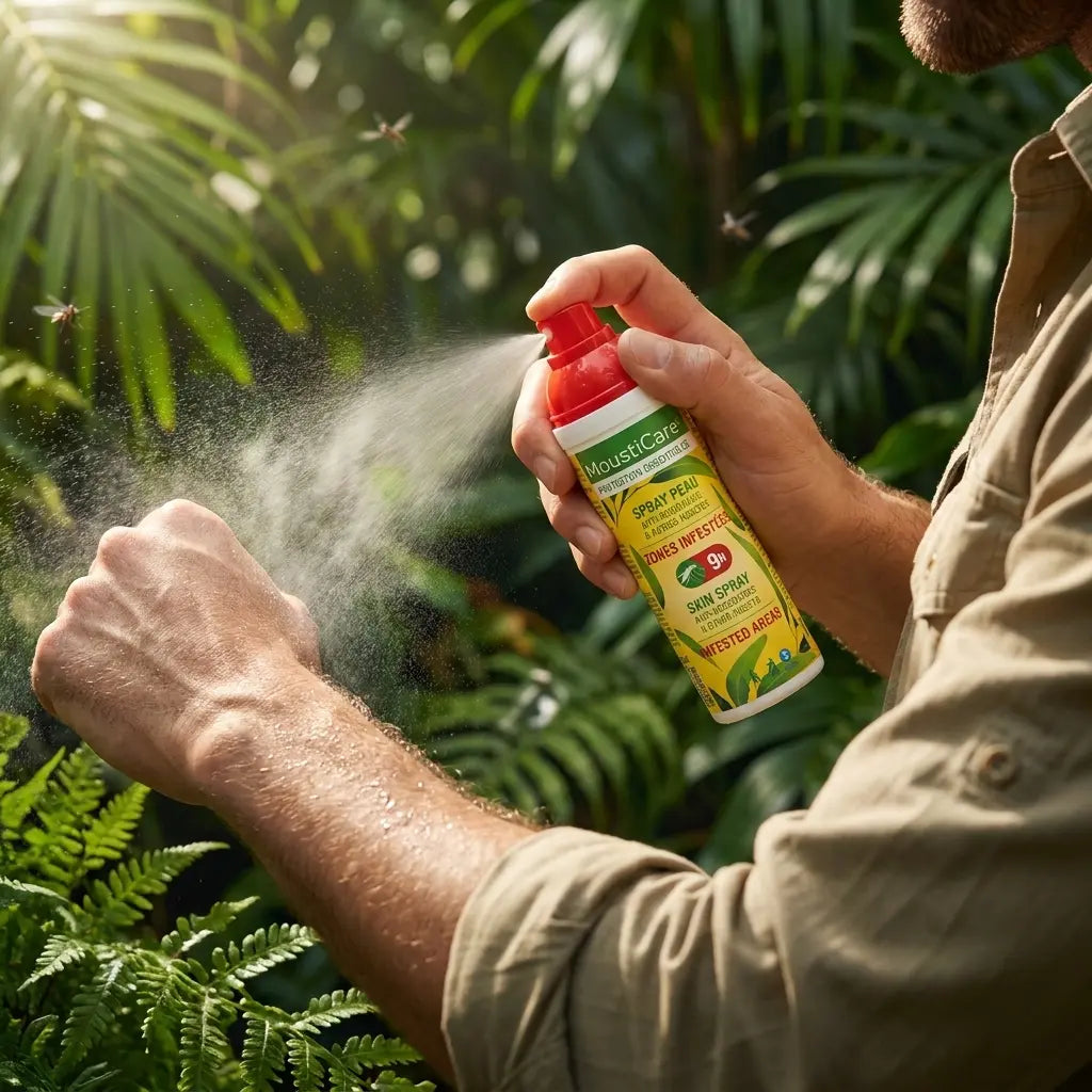 Spray anti-moustiques MoustiCare appliqué sur bras en zone infestée avec végétation tropicale