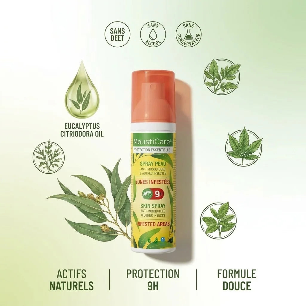 Spray anti-moustiques MoustiCare zones infestées avec ingrédients naturels et badges sans DEET ni alcool