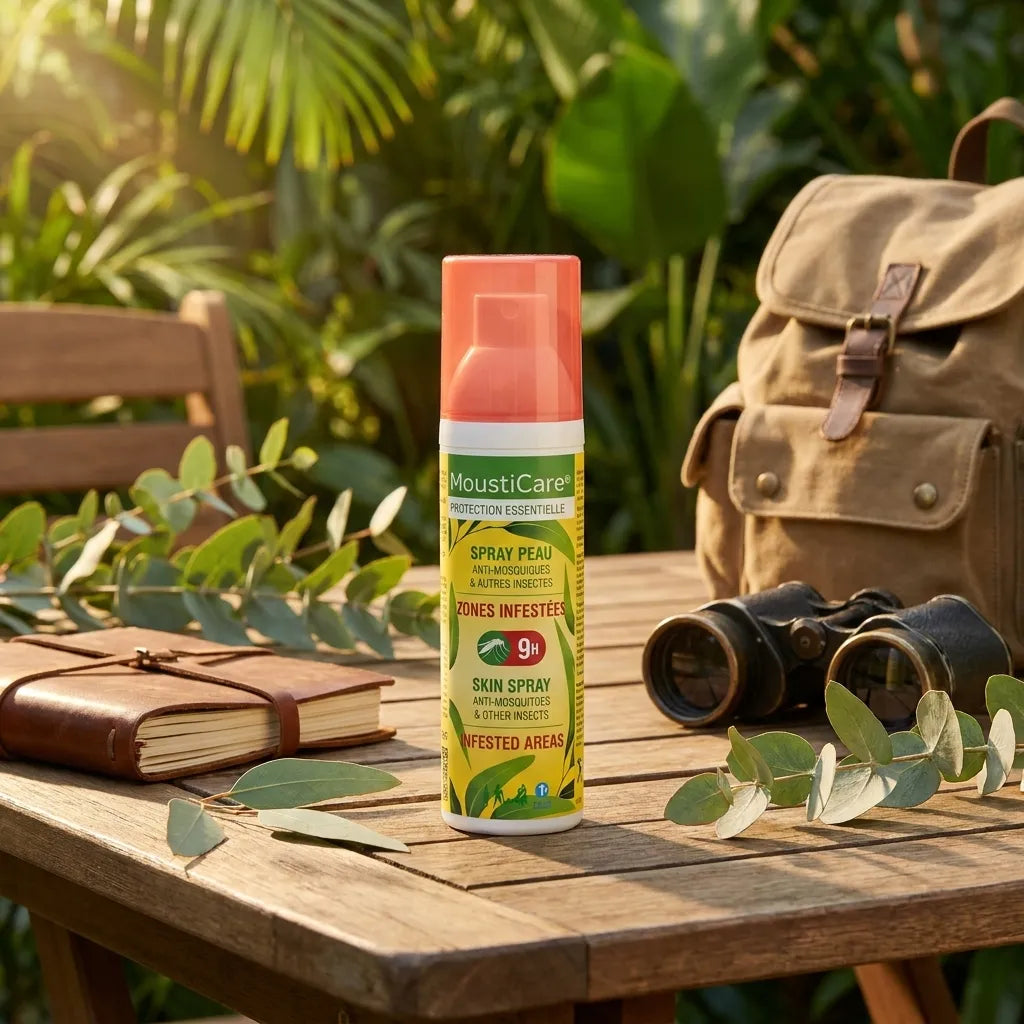 Spray MoustiCare anti-moustiques sur table de jardin tropical avec feuilles d'eucalyptus