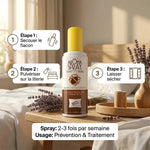 Spray anti Punaise de lit Aromaspray avec instructions d'application et dosage sur literie