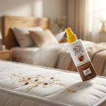 Spray anti punaise de lit Aromaspray appliqué sur matelas blanc en studio