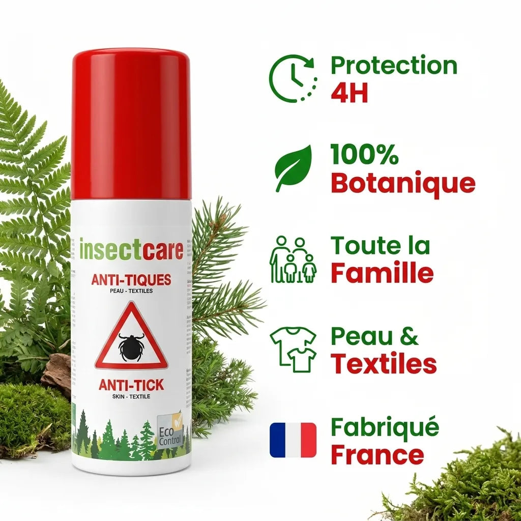Spray anti-tiques InsectCare avec infographie des 5 bénéfices: protection 4h, botanique, famille, peau et textiles