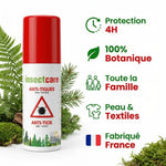 Spray anti-tiques InsectCare avec infographie des 5 bénéfices: protection 4h, botanique, famille, peau et textiles