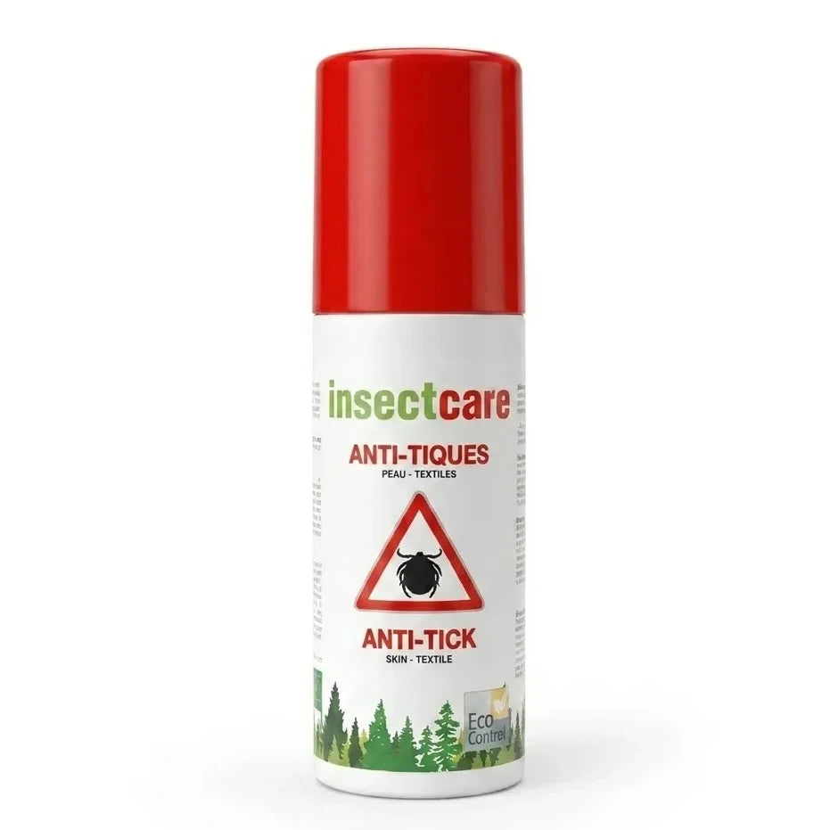 Spray anti-tiques InsectCare avec bouchon rouge et étiquette blanche sur fond blanc