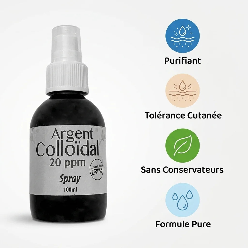 Spray Argent Colloïdal 20ppm Dr.Theiss avec ses 4 bénéfices: purifiant, tolérance cutanée, sans conservateurs, formule pure