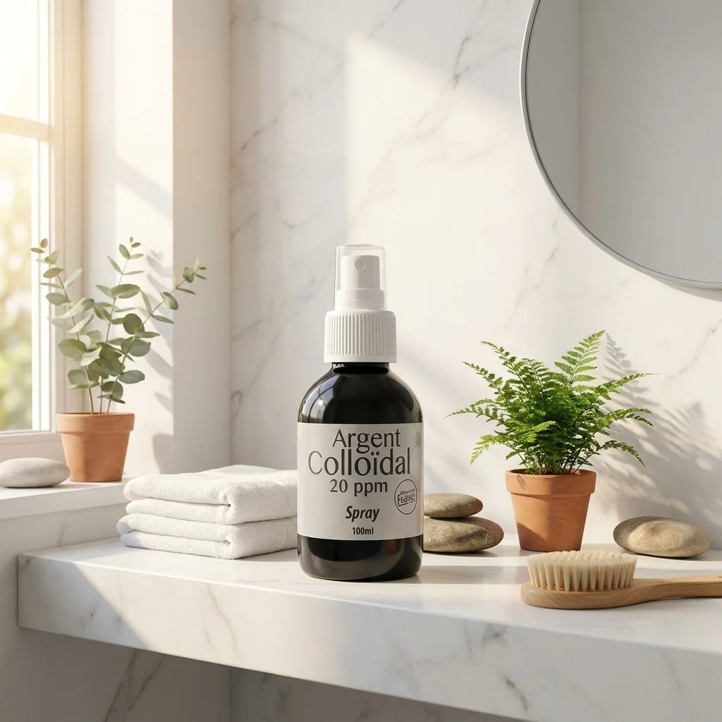 Spray Argent Colloïdal 20ppm Dr.Theiss sur étagère salle de bain avec serviettes blanches et plantes vertes