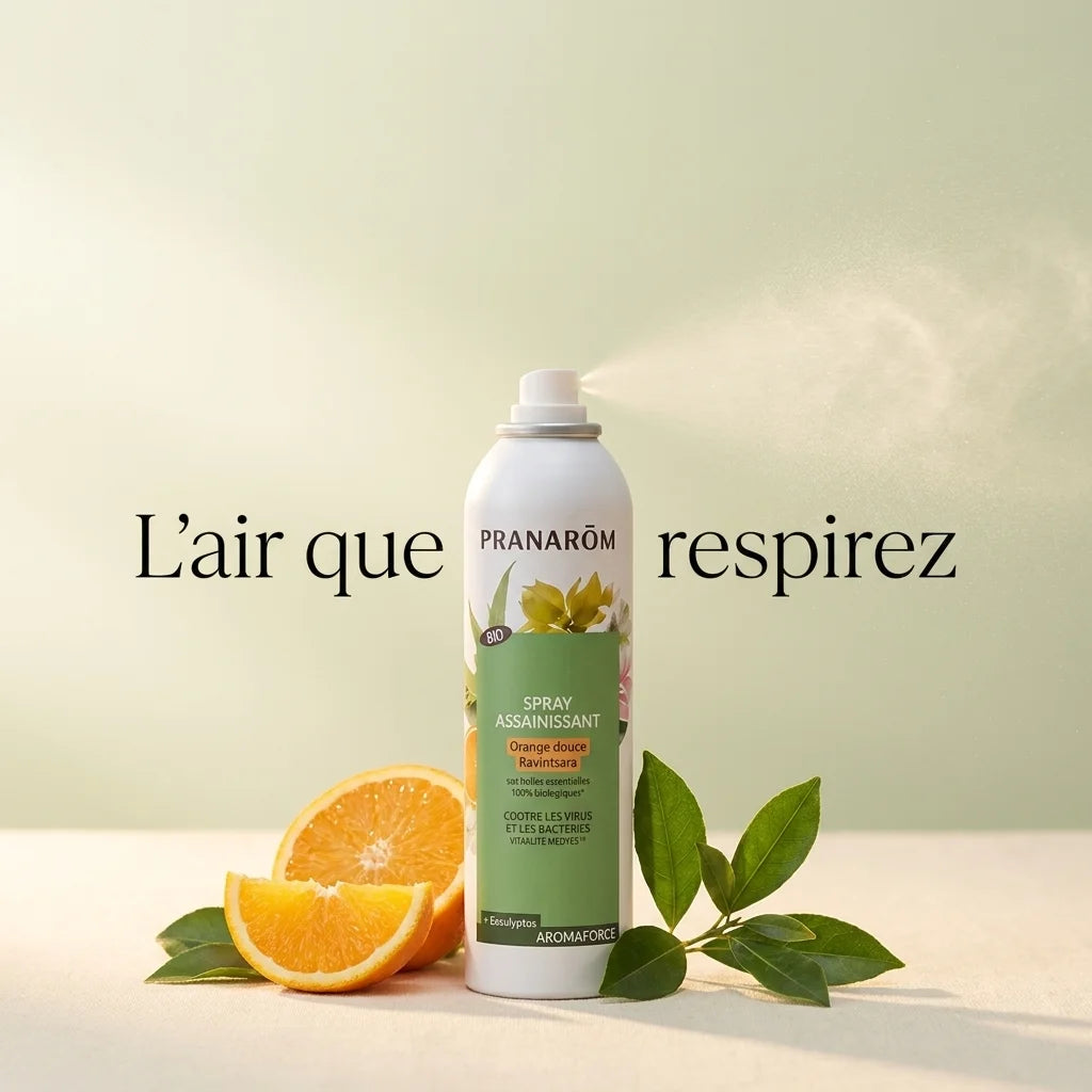Spray assainissant bio Pranarom Orange Ravintsara avec feuilles et agrumes en composition wellness