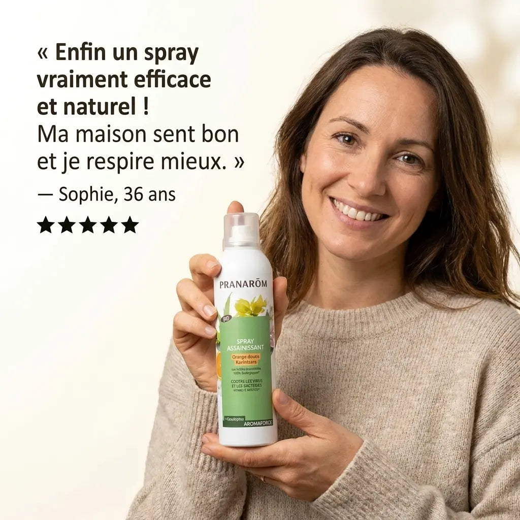 Femme tenant spray assainissant bio Pranarom Orange Ravintsara avec témoignage client 5 étoiles