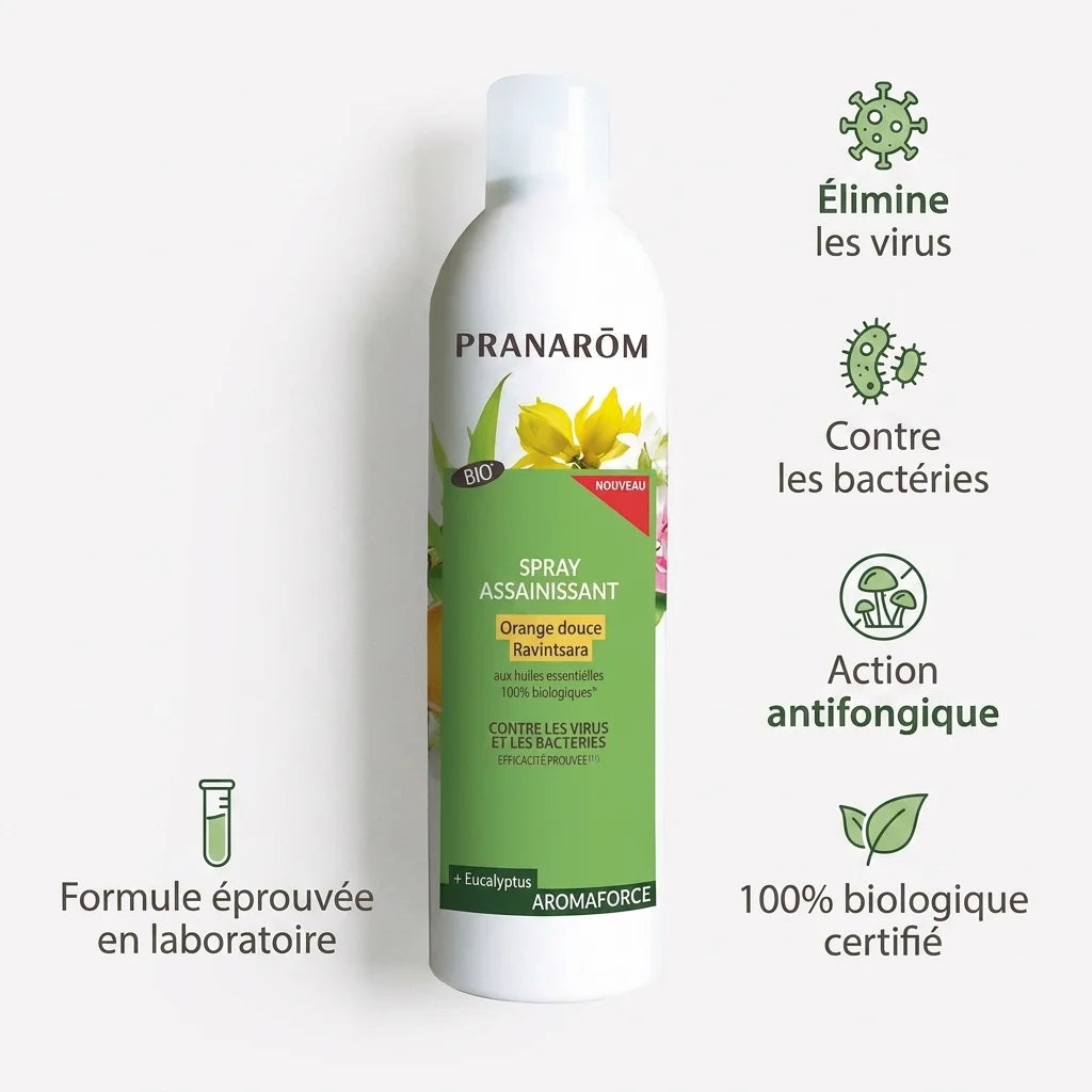 Spray assainissant Orange Douce-Ravintsara bio Pranarom avec bénéfices antiviraux et antibactériens