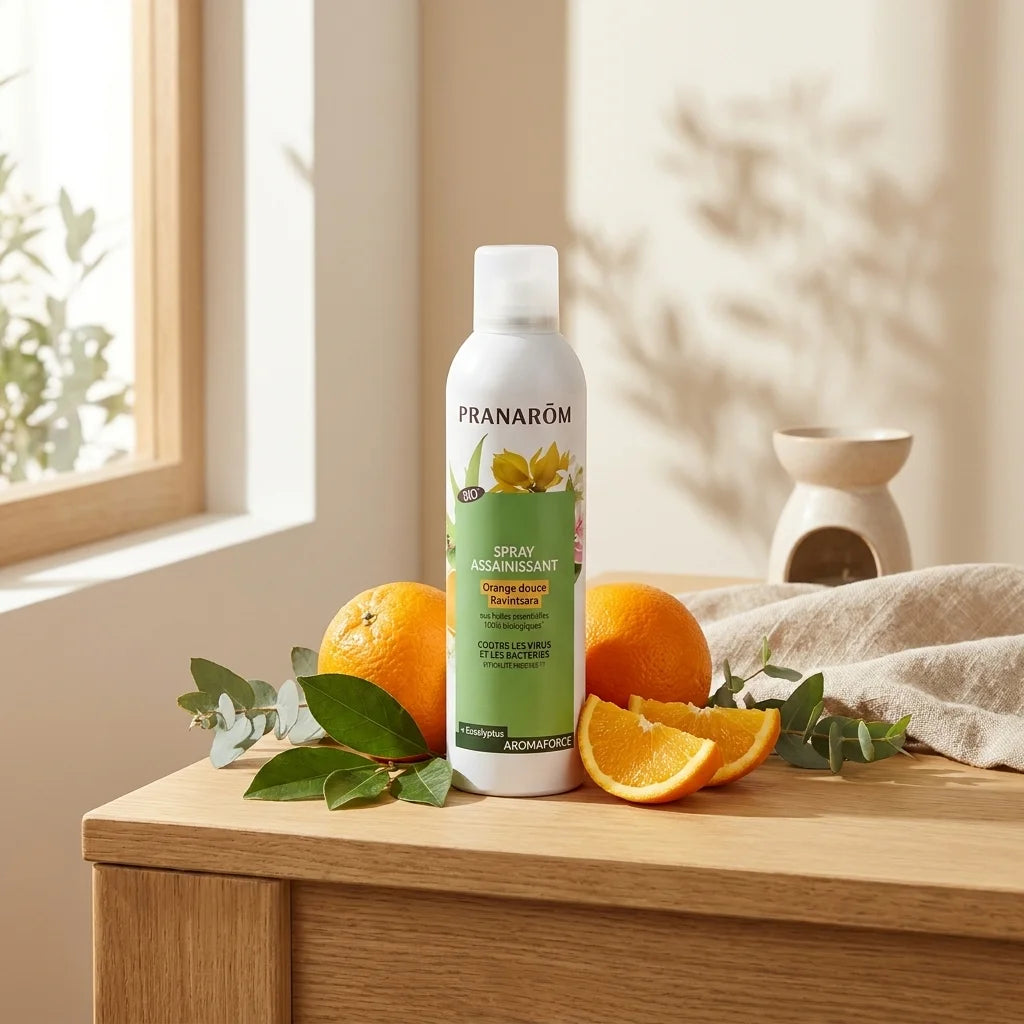 Spray assainissant Orange Douce-Ravintsara Bio Pranarom avec agrumes et éléments naturels