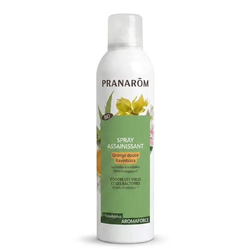 Spray assainissant Orange Douce-Ravintsara Bio vegan Pranarom flacon blanc et vert