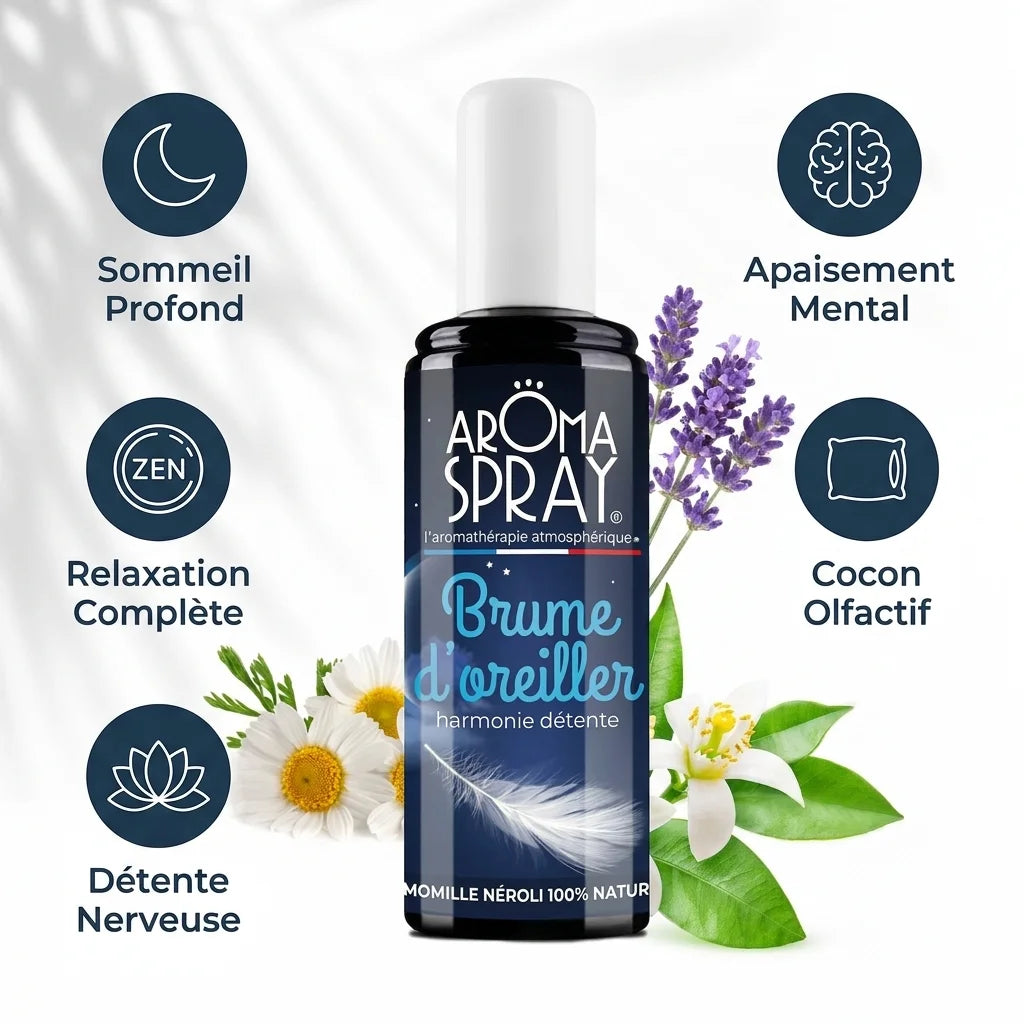 Spray brume d'oreiller Aromaspray avec 5 bénéfices : sommeil profond, apaisement mental, relaxation et détente nerveuse