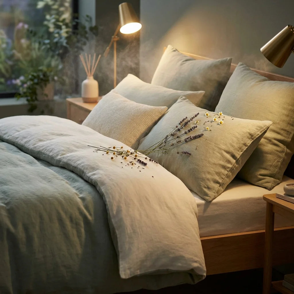 Spray brume d'oreiller aromathérapie sur lit douillet avec fleurs de lavande et chamomille