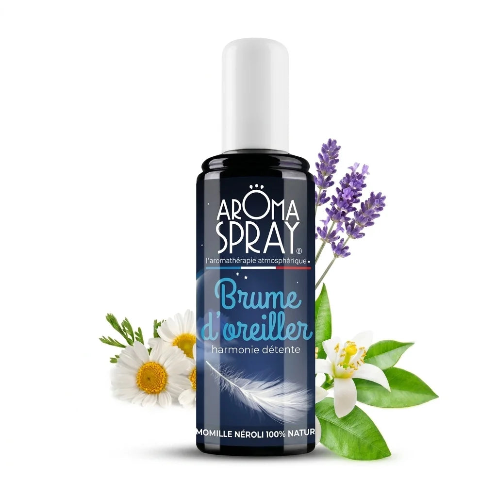 Spray brume d'oreiller Aromaspray flacon verre bleu marine avec étiquette lavande