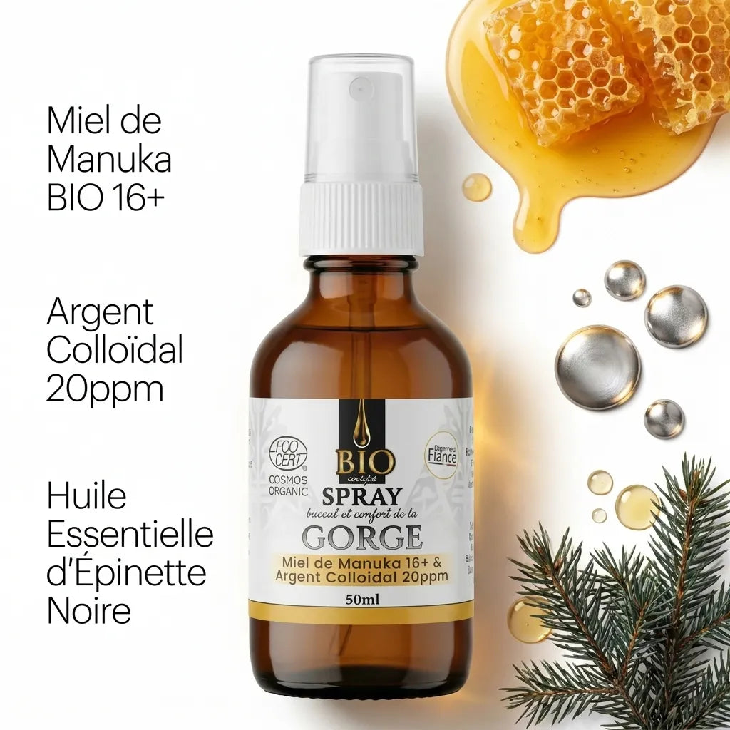 Spray buccal Dr Theiss bio avec miel de Manuka, argent colloïdal et épinette noire pour confort gorge