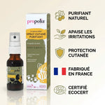 Spray Cutané Purifiant Propolia avec infographie des 5 bénéfices : propolis, miel, romarin, Made in France