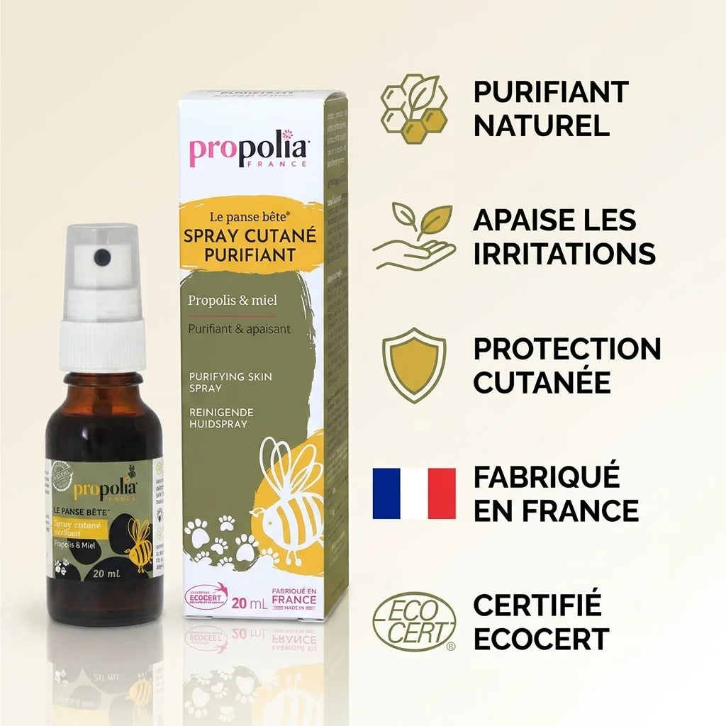 Spray Cutané Purifiant Propolia avec infographie des 5 bénéfices : propolis, miel, romarin, Made in France