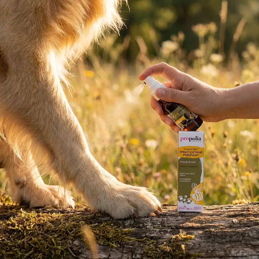 Spray cutané Propolia à la propolis et miel appliqué sur patte de chien en soin naturel