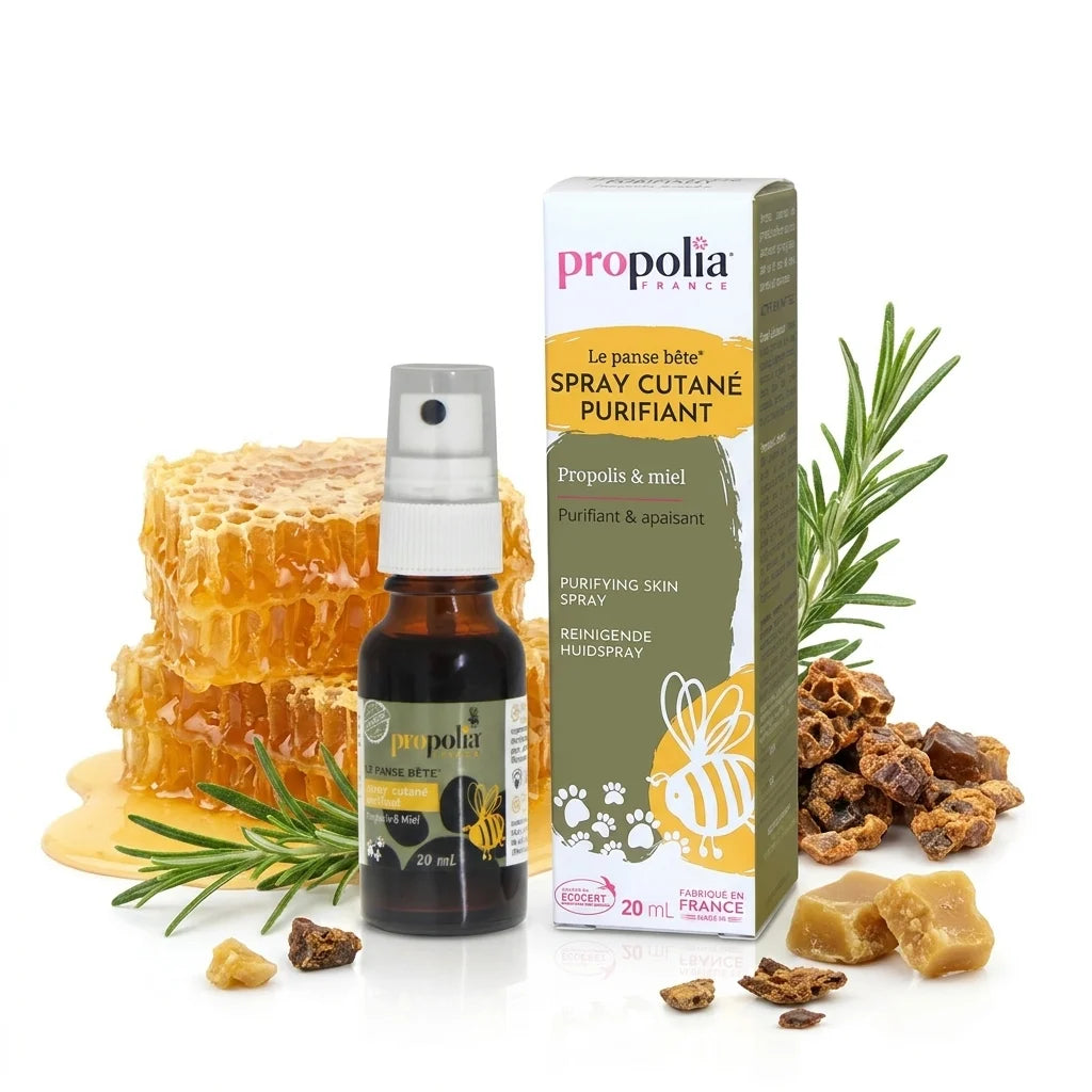 Spray Propolia Propolis Miel Romarin avec ingrédients naturels et miel doré