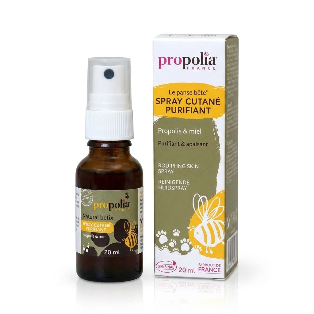 Spray cutané purifiant Propolia à la Propolis, Miel et Romarin sur fond blanc