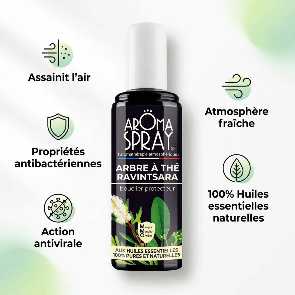 Spray Aromaspray Arbre à thé Ravintsara avec 5 bénéfices : assainit l'air, antibactérien, antiviral, fraîcheur