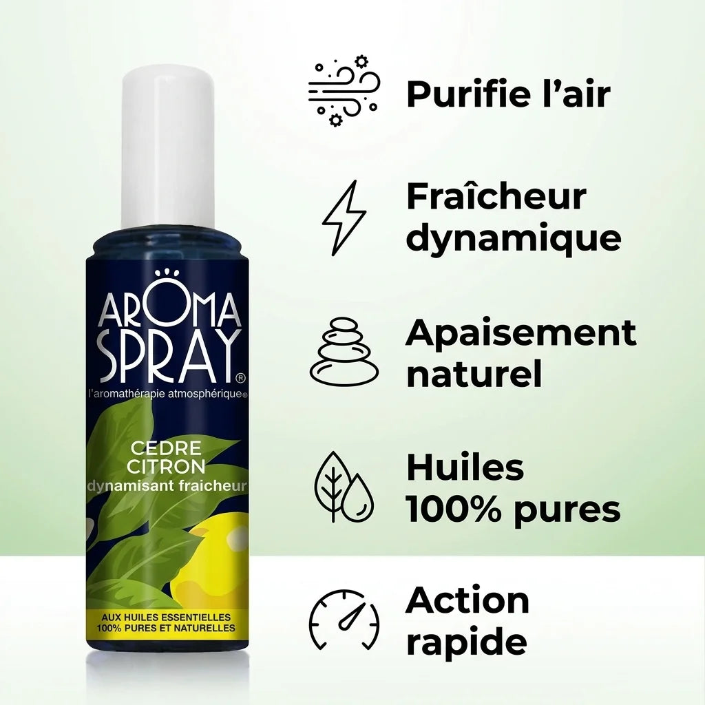 Spray d'ambiance Cèdre-Citron Aromaspray avec ses 5 bénéfices : purification, fraîcheur, apaisement naturel