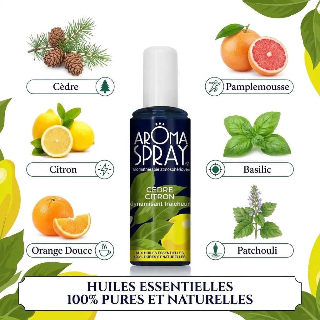 Spray d'ambiance Cèdre-Citron avec ingrédients naturels et huiles essentielles pures