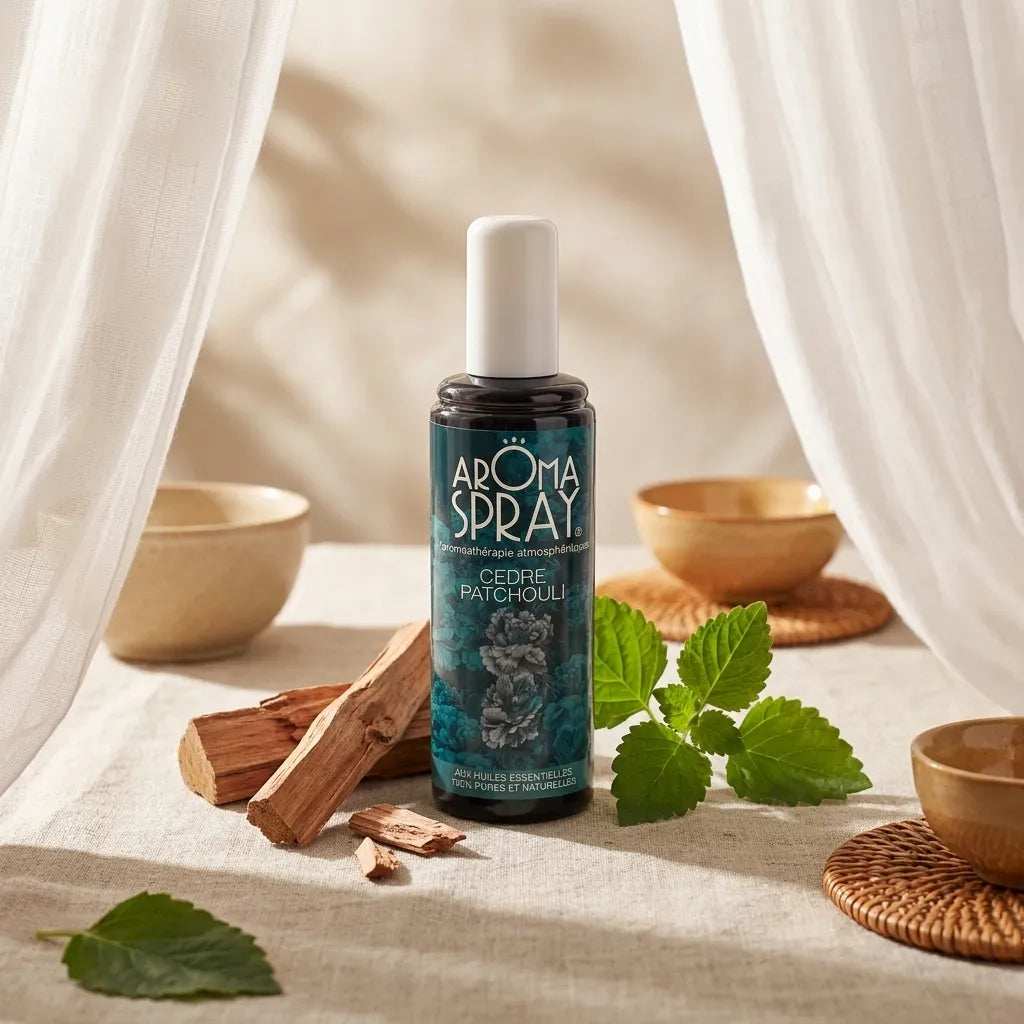 Spray d'ambiance Cèdre Patchouli Aromaspray avec feuilles de patchouli et bois de cèdre