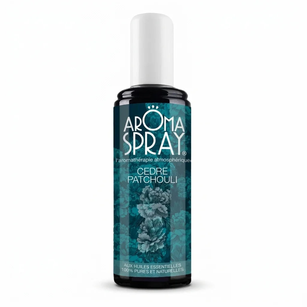 Spray d'ambiance Cèdre Patchouli Aromaspray sur fond blanc - produit aromathérapie