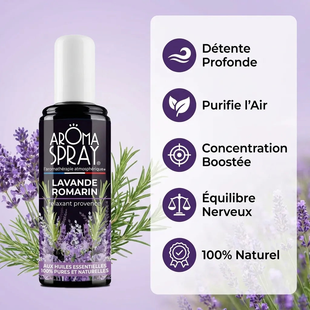 Spray Aromaspray Lavande Romarin avec infographie des 5 bénéfices : détente, purification, concentration, équilibre nerveux, 100% naturel