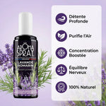 Spray Aromaspray Lavande Romarin avec infographie des 5 bénéfices : détente, purification, concentration, équilibre nerveux, 100% naturel