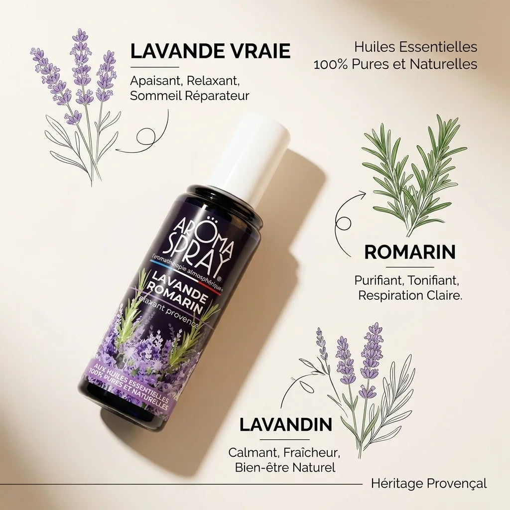 Spray d'ambiance Lavande Romarin avec ingrédients naturels et huiles essentielles pures