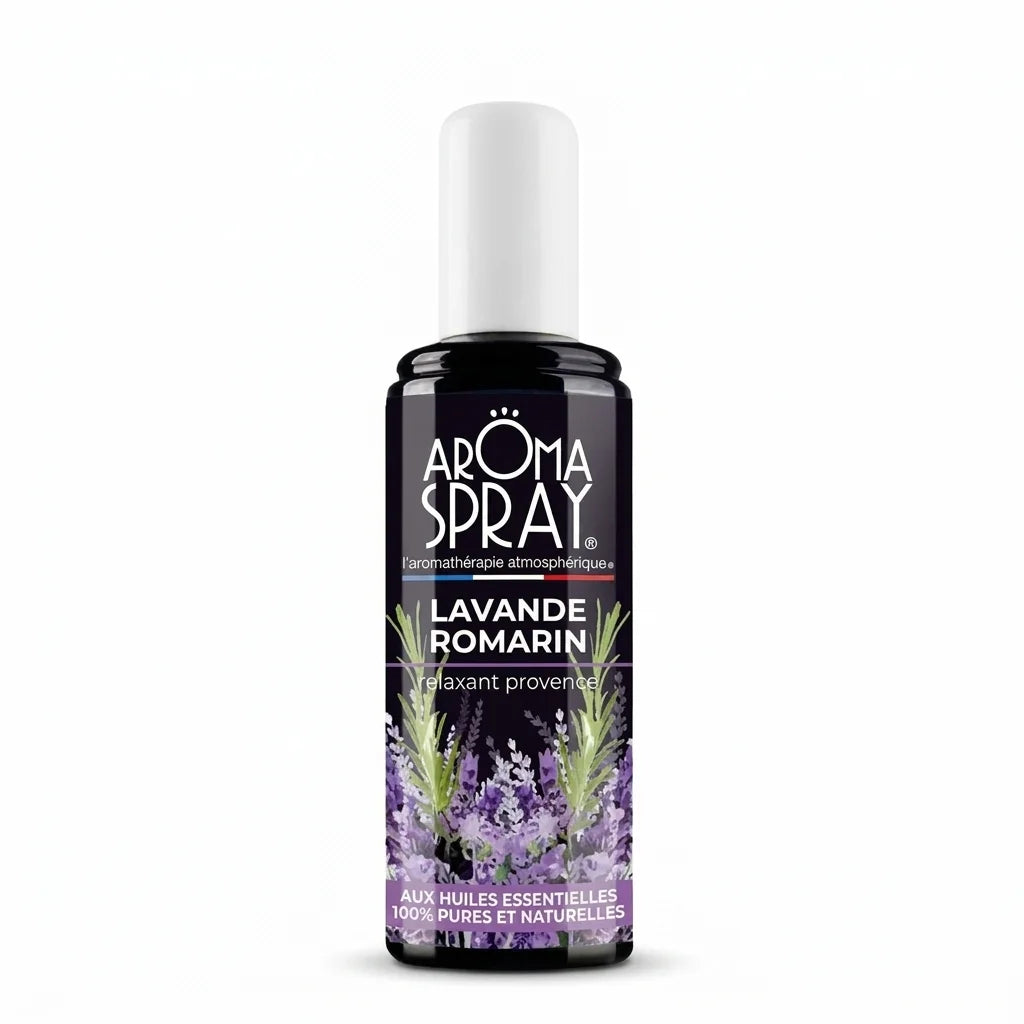 Spray d'ambiance Lavande Romarin Aromaspray en flacon, fond blanc isolé