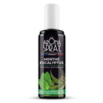 Spray d'ambiance Menthe Eucalyptus Aromaspray en flacon noir avec vaporisateur blanc sur fond blanc