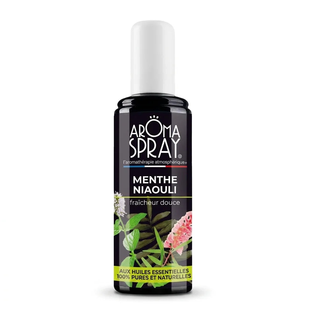 Spray d'ambiance Menthe Niaouli Aromaspray bouteille verre noir sur fond blanc
