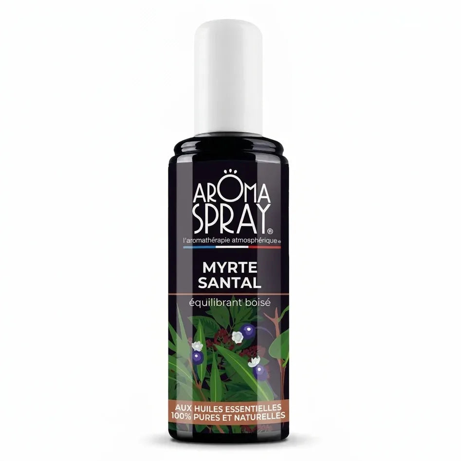 Spray d'ambiance Myrte Santal Aromaspray bouteille verre noir fond blanc