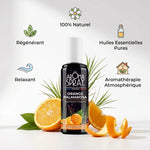Spray d'ambiance Orange Palmarosa avec infographie des bénéfices - aromathérapie naturelle