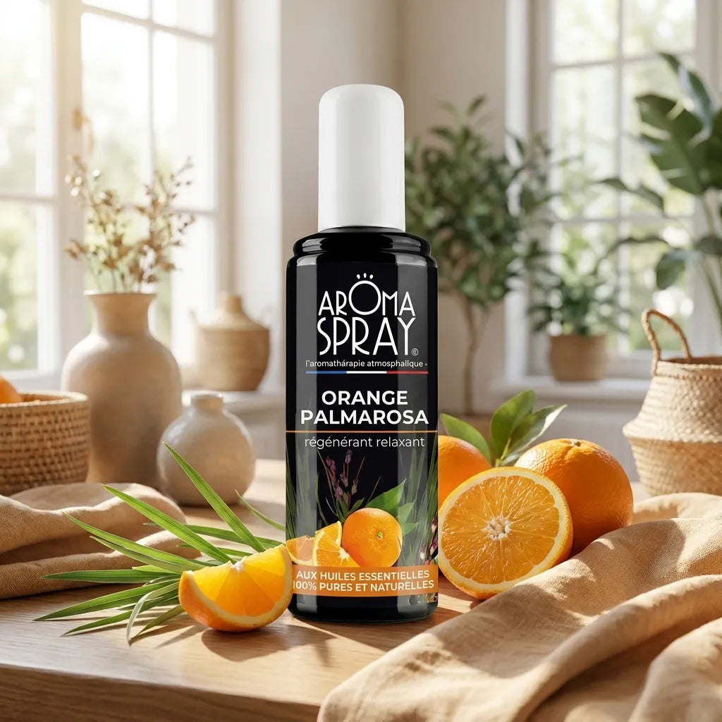 Spray d'ambiance Orange Palmarosa Aromaspray avec agrumes et feuillage dans un intérieur cosy