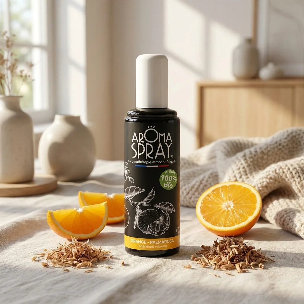 Spray d'ambiance Orange Palmarosa bio dans un intérieur chaleureux avec agrumes et fleurs séchées