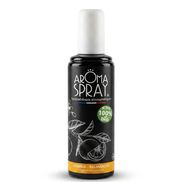 Spray d'ambiance Orange Palmarosa bio Aromaspray flacon blanc et étiquette noire sur fond blanc
