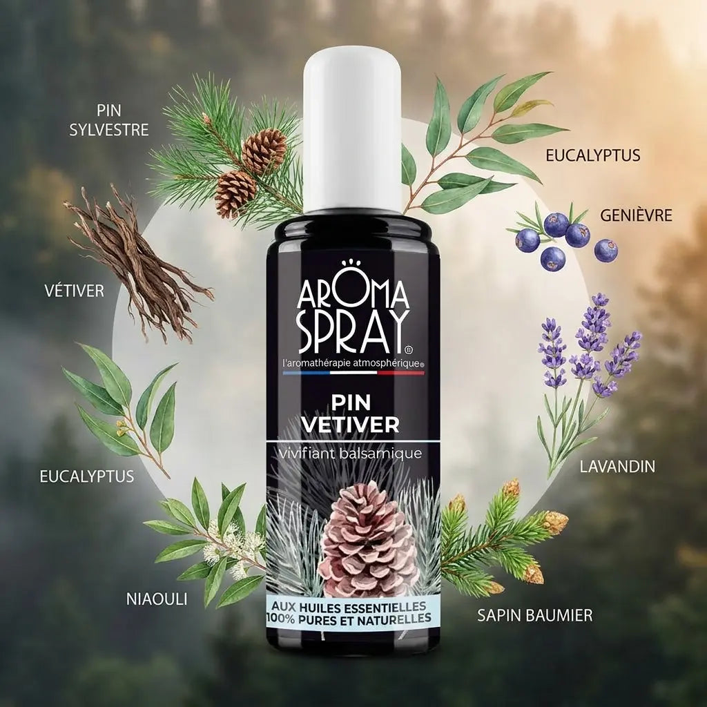 Spray d'ambiance Pin Vétiver avec ingrédients naturels : pin, vétiver, eucalyptus et lavande