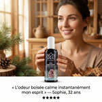 Spray d'Ambiance Pin Vétiver - Femme satisfaite tenant la bouteille avec témoignage client 5 étoiles