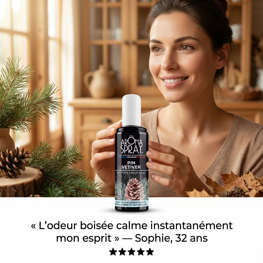 Spray d'Ambiance Pin Vétiver - Femme satisfaite tenant la bouteille avec témoignage client 5 étoiles