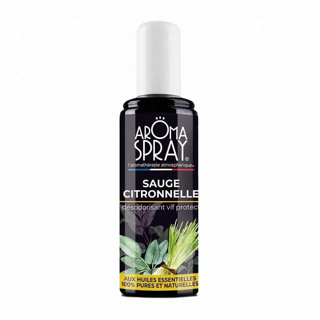 Spray d'ambiance Sauge Citronnelle Aromaspray en flacon verre foncé sur fond blanc