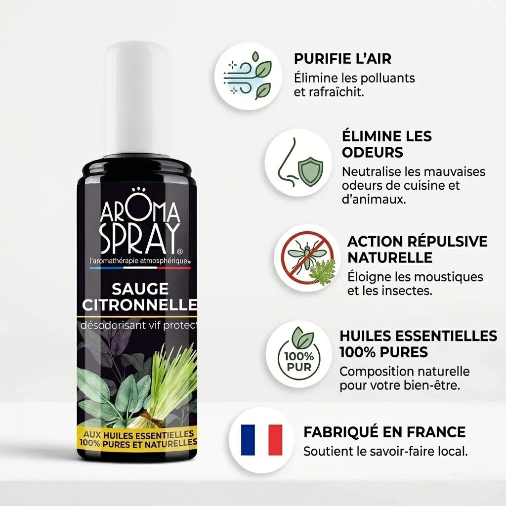 Spray d'ambiance Sauge Citronnelle Aromaspray bouteille noire avec bouchon blanc