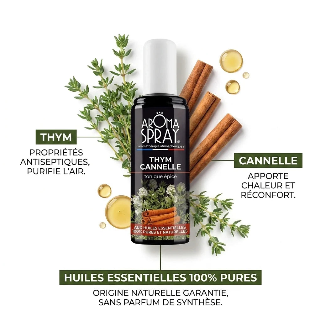 Spray d'ambiance Thym Cannelle avec ingrédients naturels et huiles essentielles pures