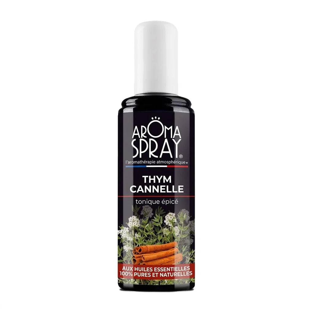 Spray d'ambiance Thym Cannelle Aromaspray - Flacon verre foncé avec bouchon blanc