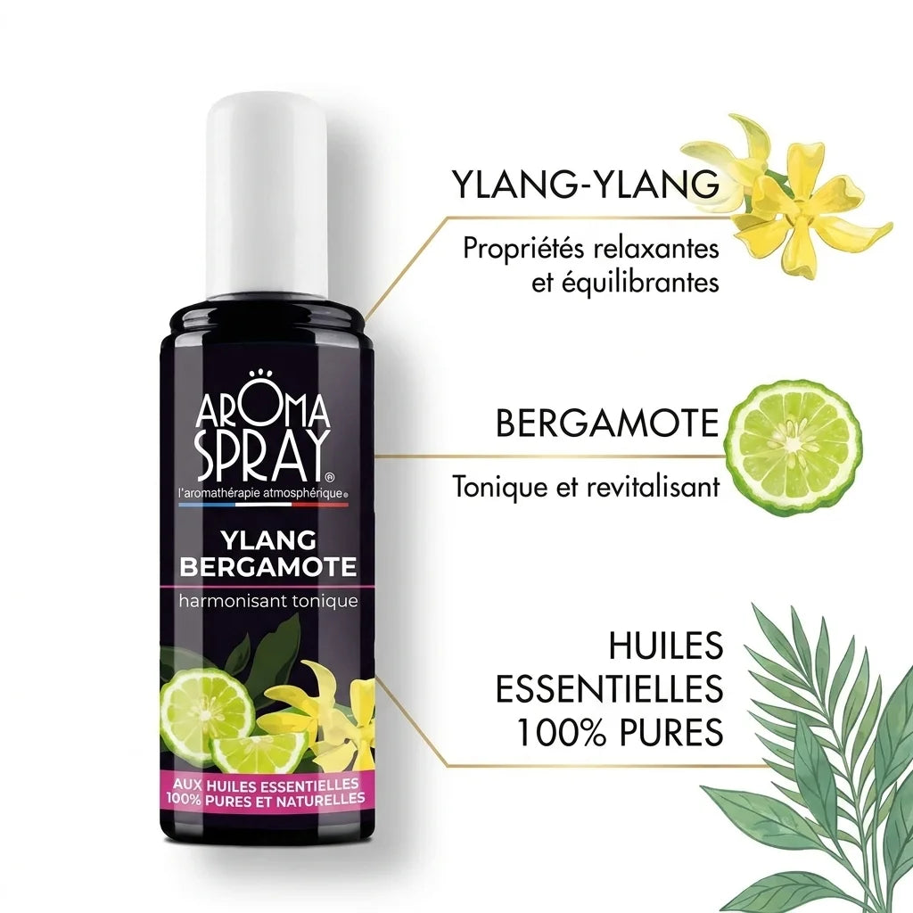 Spray Aromaspray Ylang Bergamote avec infographie ingrédients huiles essentielles pures